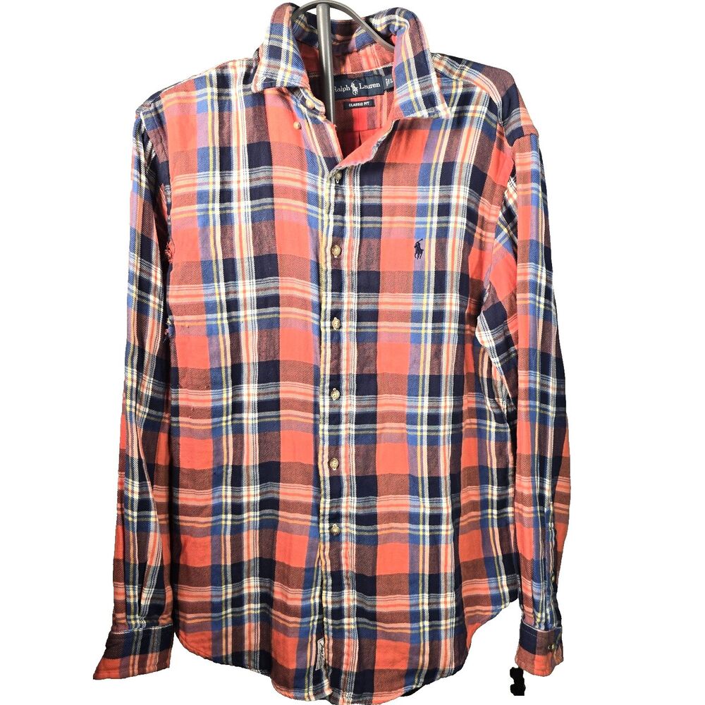 Vintage Ralph Lauren Classic Fit Flannel Shirt Mens XL Orange Plaid Lined